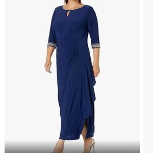 Alex Evenings Navy Keyhole Beaded Embellished Long Sleeve Ruched Drape s 14